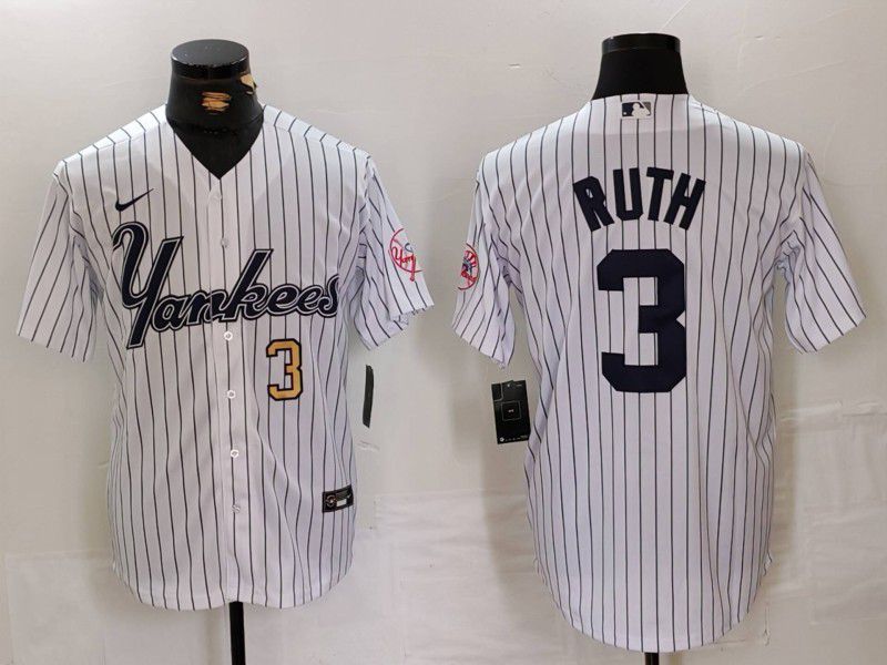 Men New York Yankees #3 Ruth White stripe Three generations of joint names Nike 2024 MLB Jersey style 2->new york yankees->MLB Jersey